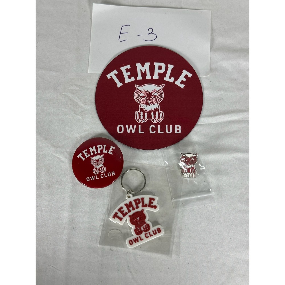 Temple Owl Club Fan Gear Set Decal Pin Button Keychain Cherry Red White NCAA